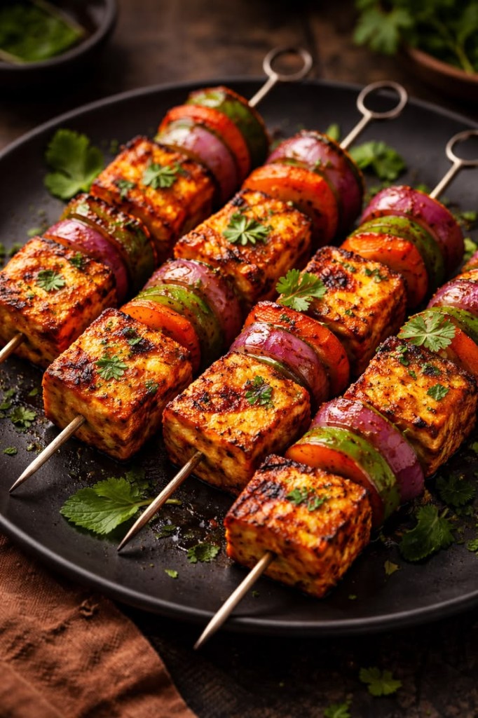 Tandoori paneer tikka skewers with charred paneer cubes, bell peppers, red onion, and fresh cilantro on a dark plate
